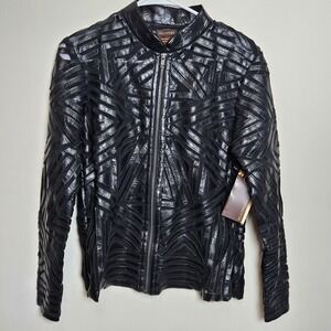 Multiples Black Cutout Faux Leather Jacket Mesh Zip Front Women's M NWT